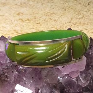 Carved Bakelite (tested) Green Hinged Bangle